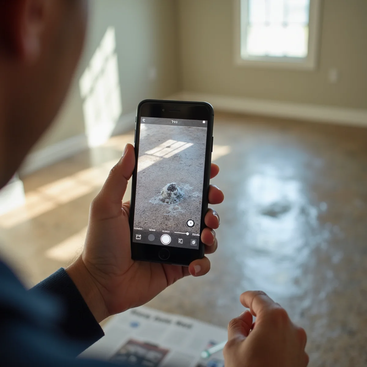 Smartphone photographing water line on drywall and burst copper pipe for insurance claim