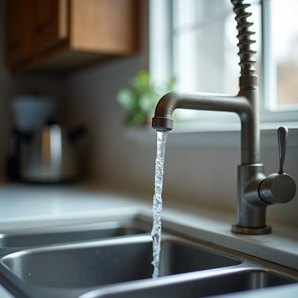 Pencil-thin water stream dripping from kitchen faucet during sub-freezing Texas weather